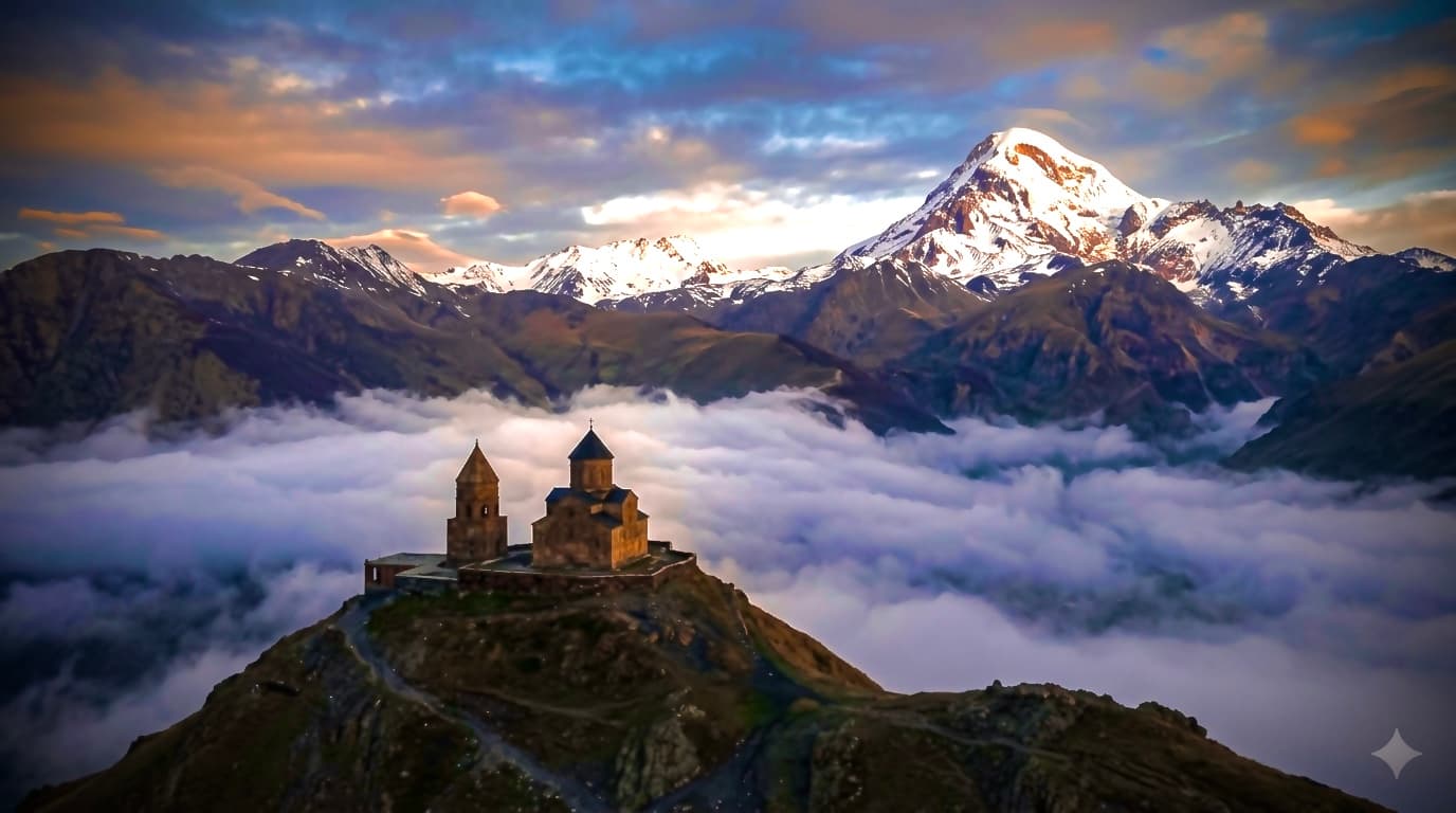 Gergeti Trinity Church above the clouds, Mount Kazbek, Georgia